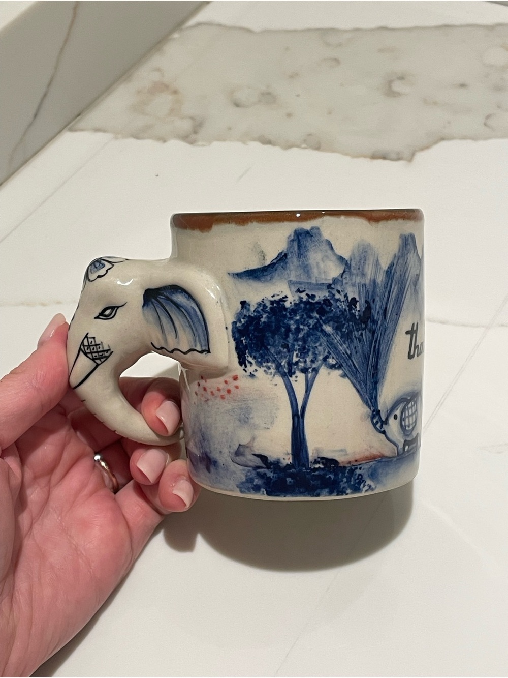 Thailand Hand-Painted Elephant Handle Ceramic Mug in Blue and Cream